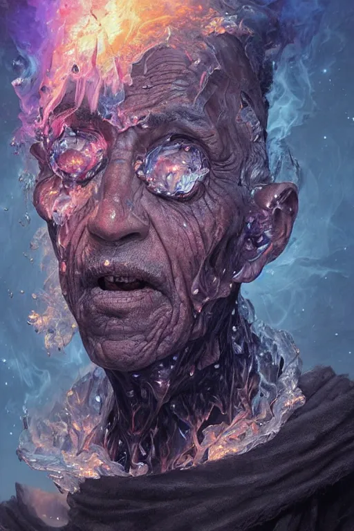 Image similar to the look of an elderly person, necromancer, witch - doctor covered with ice exploding into fire, full of wrinkles and imperfections, highly detailed, high contrast, light reflection, trippy, nebula, trending on artstation by artgem and greg rutkowski, by peter mohrbacher, wlop, ruan jia