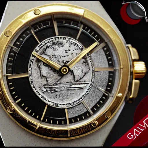 Image similar to watch, portrait of gagarin on the dial, gagarin, gagarin engraving, custom watc, gold silver, diamond, brilliant, super detailed, photorealistic, 8 k white background