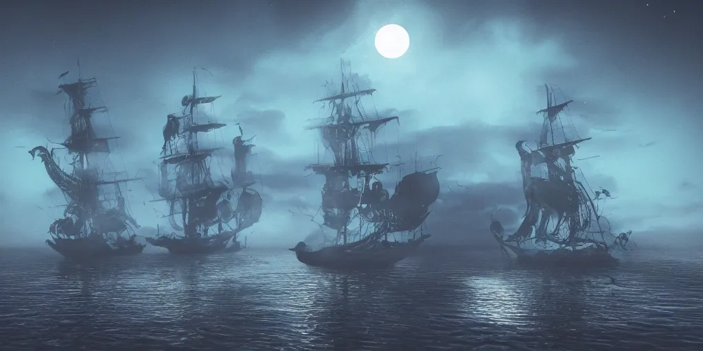 Image similar to ethereal ghost pirate ship at open sea at night, full moon behind it, 3 d art, octane render, 6 k, unreal engine, horror movie