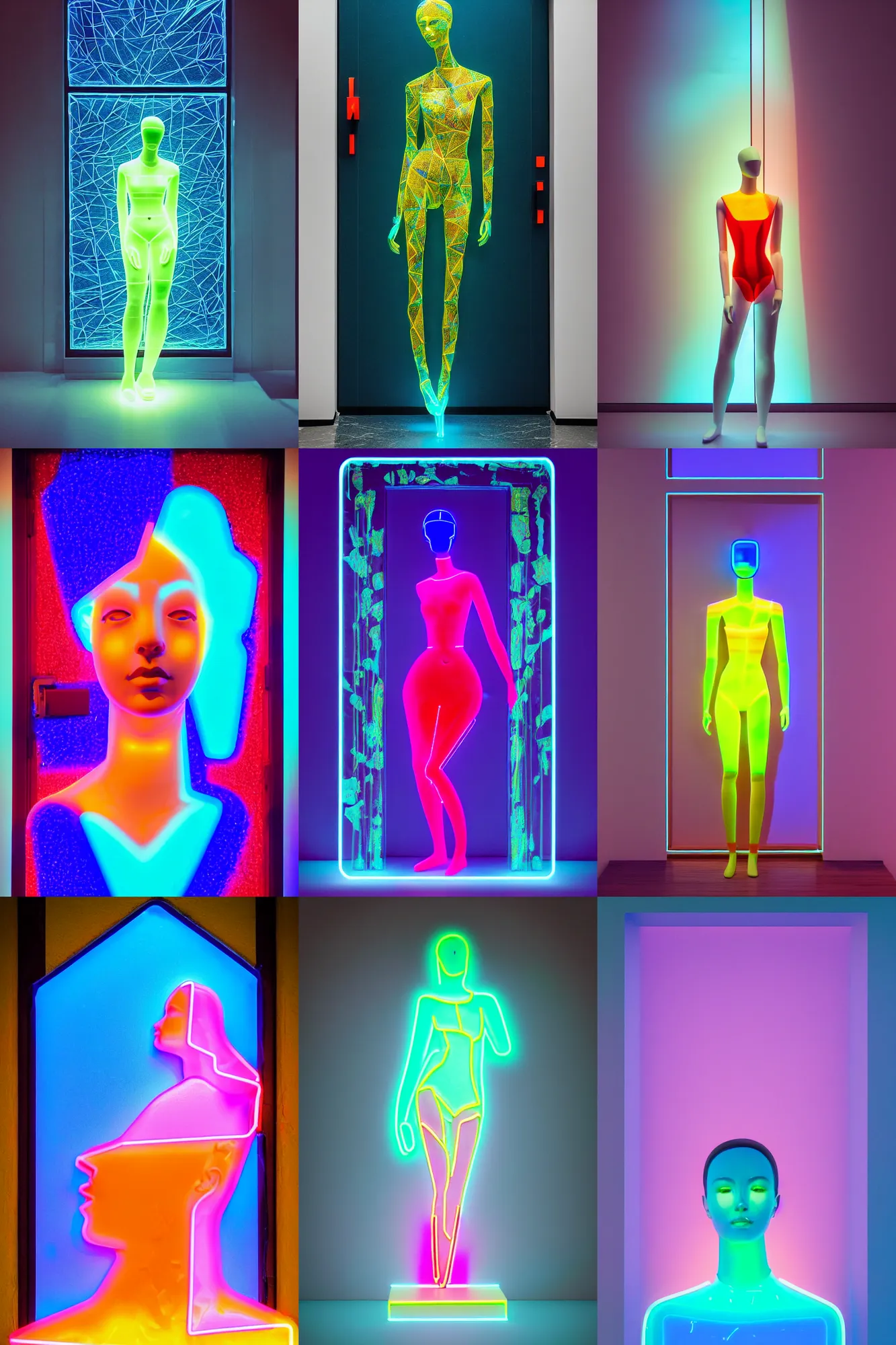 Prompt: “ a beautiful mannequin made of glass printed in 3 d geometric neon kintsugi!!, facing a doorway opening with a neon blue light, vaporware, tulips inside a room with marble columns, transcendent, vibrant color, clean linework, finely detailed, 4 k, trending on artstation, photorealistic, volumetric lighting, octane render ”