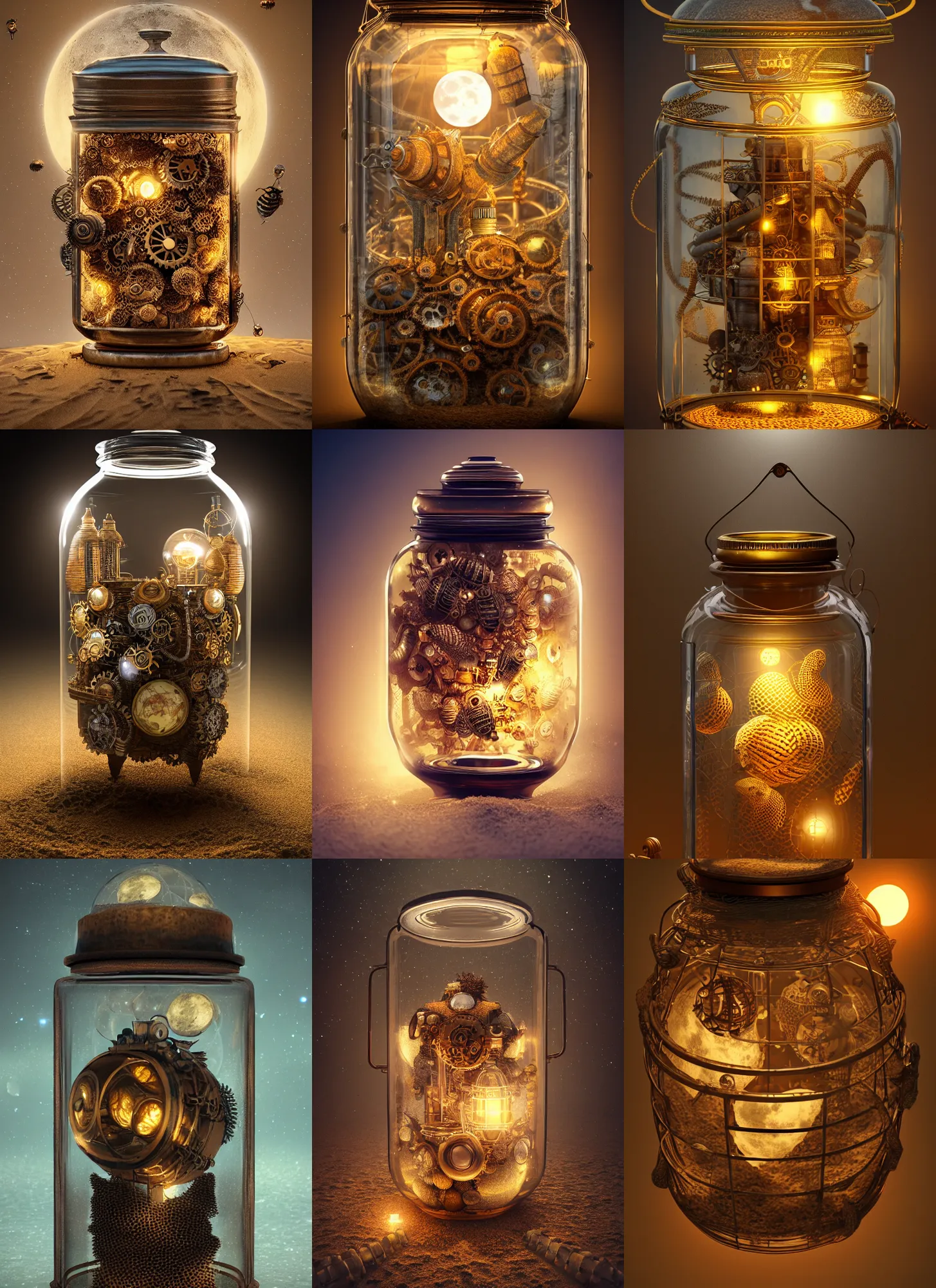 Prompt: steampunk beehive inside a glass jar, full moon buried in sand, intricate detail, hyper detailed, ultra realistic, sharp focus, octane render, lantern, volumetric, ray tracing, artstation trending, cgsociety, sense of awe, mystical, moon, 4 k