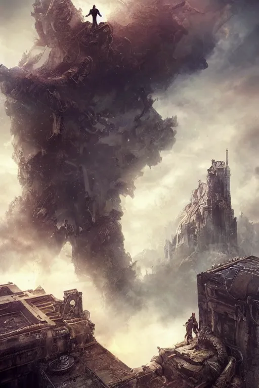 Prompt: Abstract tech action scene of a old steampunk warrior facing a gigantic etheral monster looking down on top of ruins, horror, volumetric clouds focus, detailed, realistic eyes, symmetric body features proportions, intricate details, award winning, by Tom Bagshaw