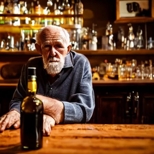 Prompt: an old man sitting on the table at the bar, whisky bottle on the table, looking sad and lonely