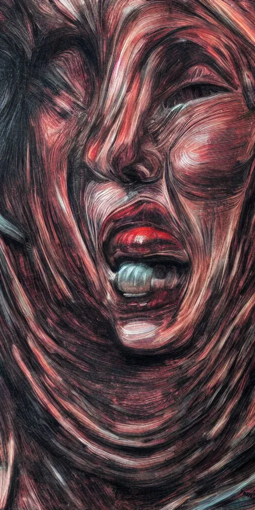 Prompt: scifi abstract art of mouths emerging from the figure of a woman's head, highly detailed, hyperrealism