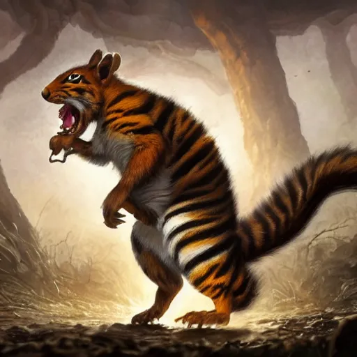 Image similar to Squirrel/tiger, ferocious, angry, magic the gathering artwork, D&D, fantasy, cinematic lighting, centered, symmetrical, highly detailed, digital painting, artstation, concept art, smooth, sharp focus, illustration, volumetric lighting, epic Composition, 8k, art by Akihiko Yoshida and Greg Rutkowski and Craig Mullins, oil painting, cgsociety