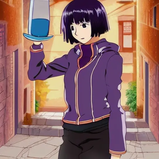 Prompt: jirou kyoka from my hero academia, pouring water from vase into stone fountain. spanish ghibli alleyway. symmetrical face. symmetrical detailed defined eyes. isekai background style.