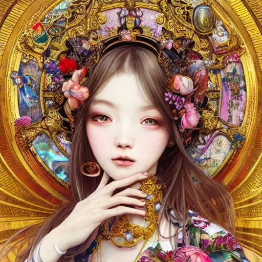 Image similar to a masterpiece ultrarealistic ultradetailed portrait of beautiful love jewelry mecha genius witch girl on fruits street market baroque renaissance. medium shot, intricate, elegant, by stanley artgerm lau, wlop, alphonse mucha, rossdraws, andrei riabovitchev, yoshitaka amano. flower background my james jeand and takashi murakami.