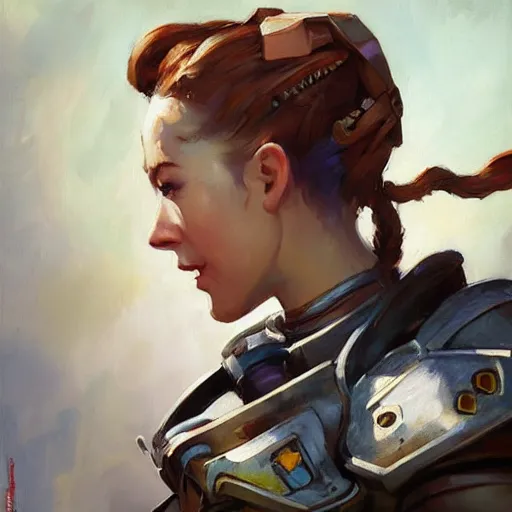 Image similar to greg manchess portrait painting of armored aloy as overwatch character, medium shot, asymmetrical, profile picture, organic painting, sunny day, matte painting, bold shapes, hard edges, street art, trending on artstation, by huang guangjian and gil elvgren and sachin teng