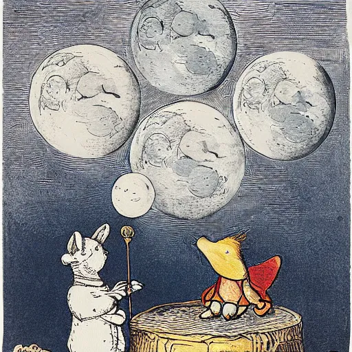 Prompt: dan morris celestial thinking moon portrait, surrounded by clouds, illustrated by peggy fortnum and beatrix potter and sir john tenniel