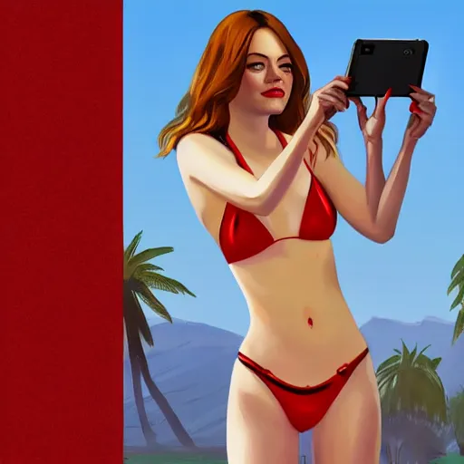 Image similar to emma stone in gta v wearing a red bikini taking a selfie, cover art by stephen bliss, artstation, no text