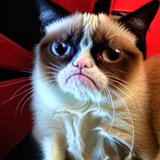 Prompt: grumpy cat with an upside down mouth