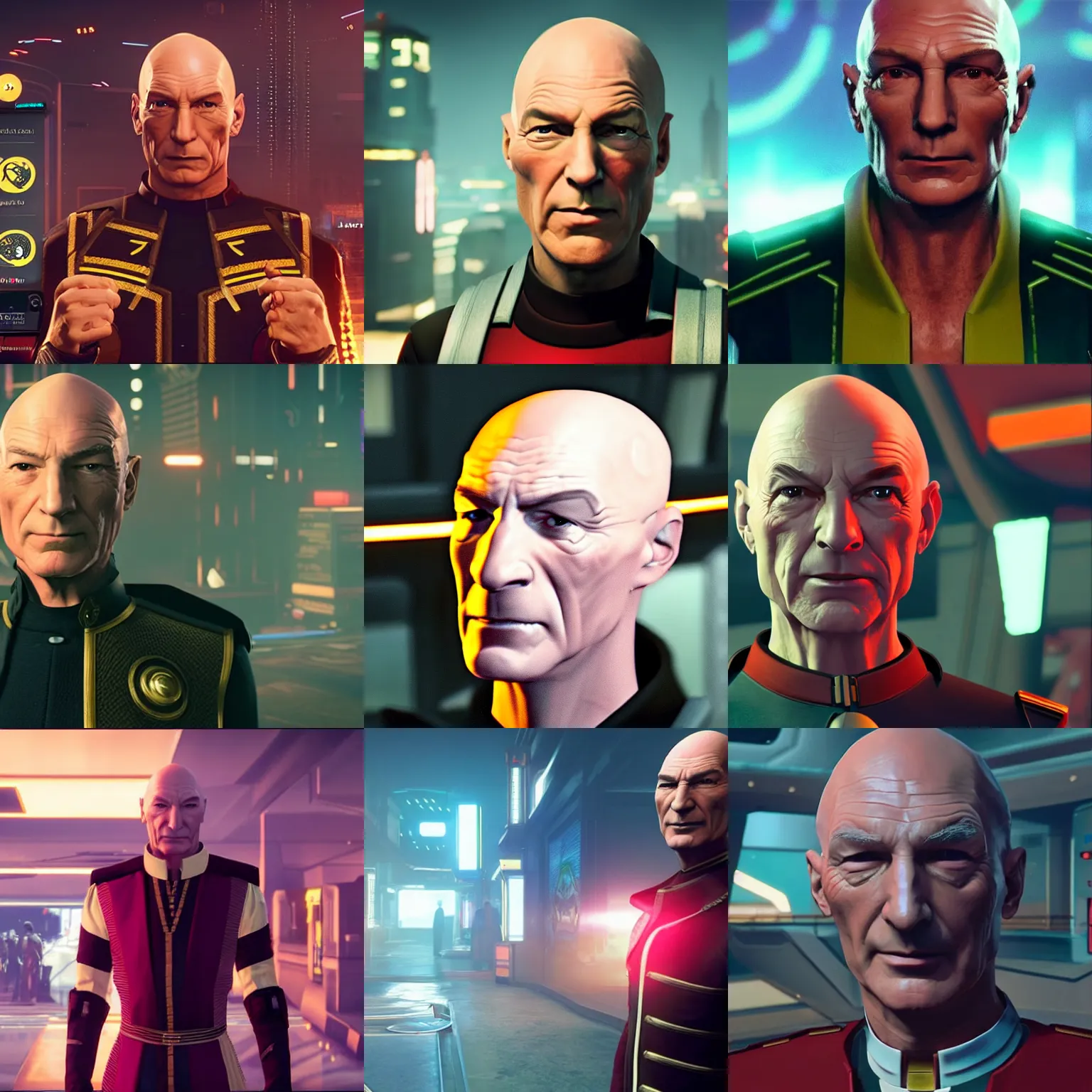 Prompt: tyrant captain picard tng, in cyberpunk 2 0 7 7 cp 2 0 7 7