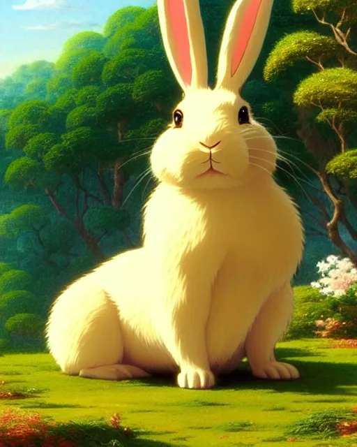 Image similar to a rabbit bear, sitting in tokyo, unique, sunny day, highly detailed, masterpiece, award winning, realistic, art by thomas cole and studio ghibli