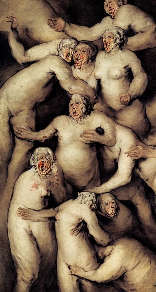 Prompt: human body being eaten by a group of eloquent, orderly nuns by francisco goya, gothic, lovecraftian, 4 k, realistic, high detail, gruesome