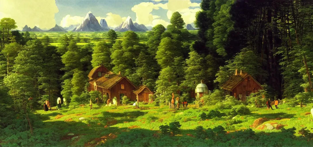 Image similar to ghibli illustrated background of strikingly beautiful swedish farm, the feales and forests in the background by vasily polenov, eugene von guerard, ivan shishkin, albert edelfelt, john singer sargent, albert bierstadt 4 k