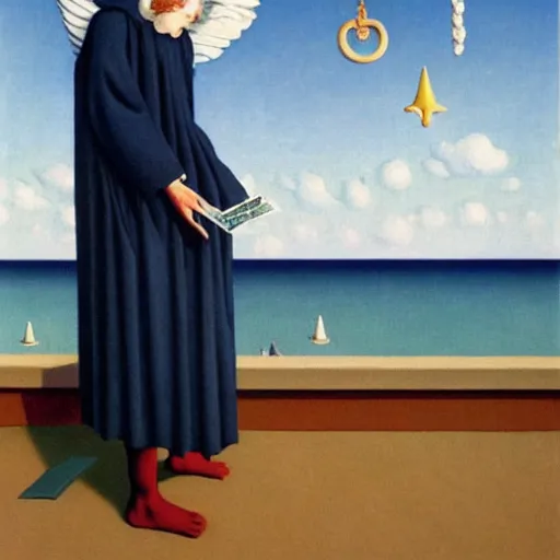 Prompt: An angel with jester hat and clothes on the front of a Balustrade with a beach on the background, major arcana cards, by Rene Magritte, hyperrealistic