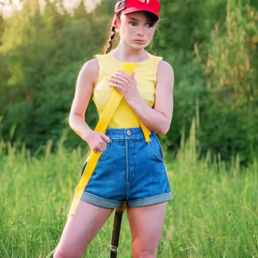 Image similar to misty from pokemon, wearing a yellow crop top and blue denim shorts with red suspenders on top, standing in a field, by gottfried helnwein, dslr full body portrait, sigma 8 5 mm f / 1. 8