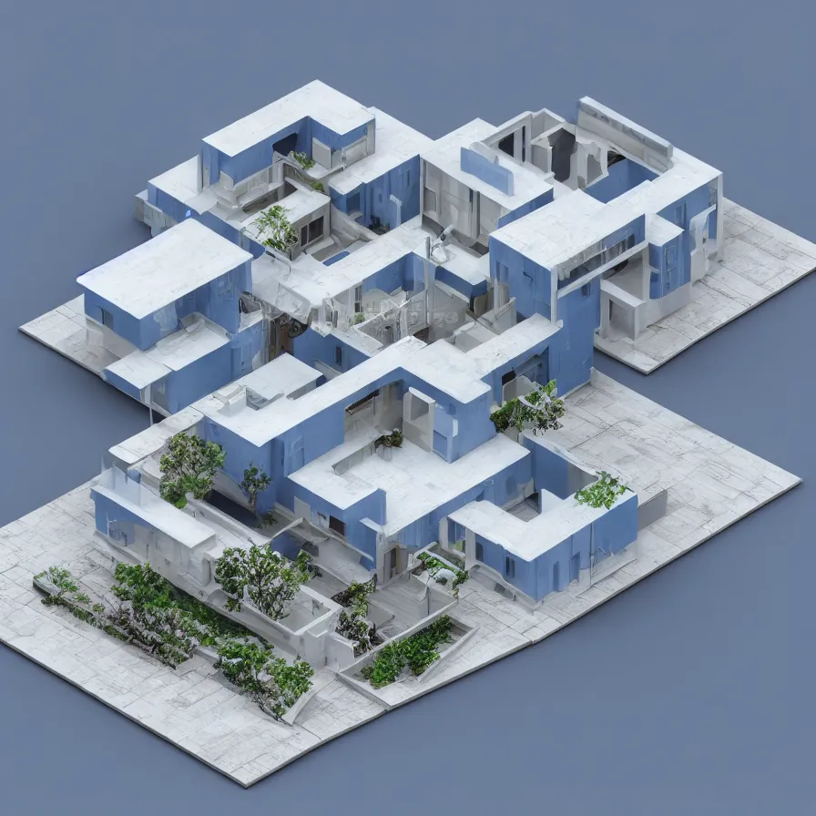 Image similar to architectural model, isometric view, 3 d render, studio lighting, high contrast, highly detailed, single building, house, courtyard, tree, blue