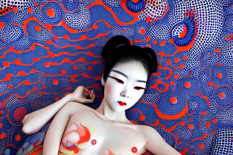 Prompt: hyperrealistic detailed image of a geisha laying in a art installation room, hd smooth interior by yayoi kusama, part by kei mieno, part by alex gray, part by ross tran, part by james jean, ultra realistic, highly detailed, life like face, detailed body, 8 k, octane render, trending on artstation, very cohesive, masterpiece