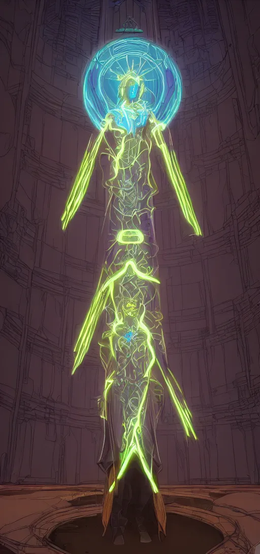 Prompt: a cyberpunk priestess wearing a glowing collar, standing in an infinitely high church,