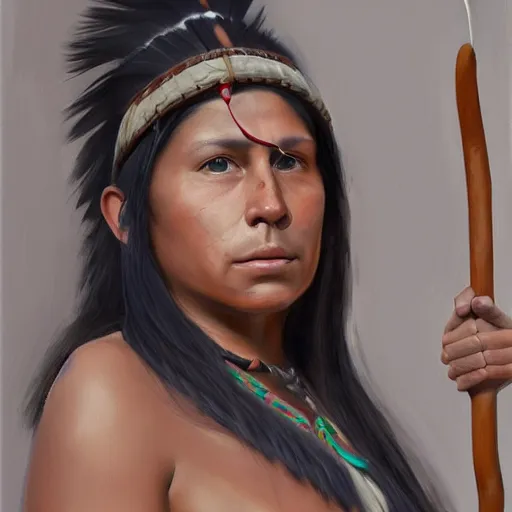 Image similar to Portrait painting of a native american female holding a spear, artstation