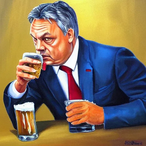 Image similar to viktor orban with a beer, anatomically correct, oil painting, highly detailed