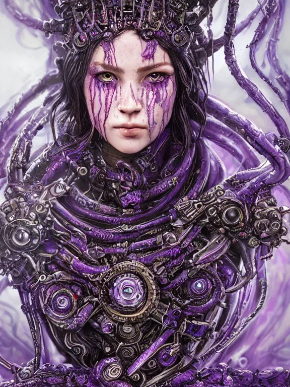 Prompt: portrait art of 8k ultra realistic purple-eyed girl,intricate red crown on small purple tentacles, detailed intricate blue ornate armour,decaying, cybernetic, full of colour, cinematic lighting, trending on artstation, 4k, hyperrealistic, focused, extreme details,unreal engine 5, cinematic, masterpiece, art by ayami kojima, giger