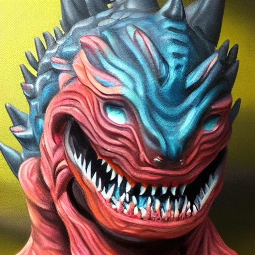 Prompt: a kaiju figurine super detailed oil painting with muted fluo colors