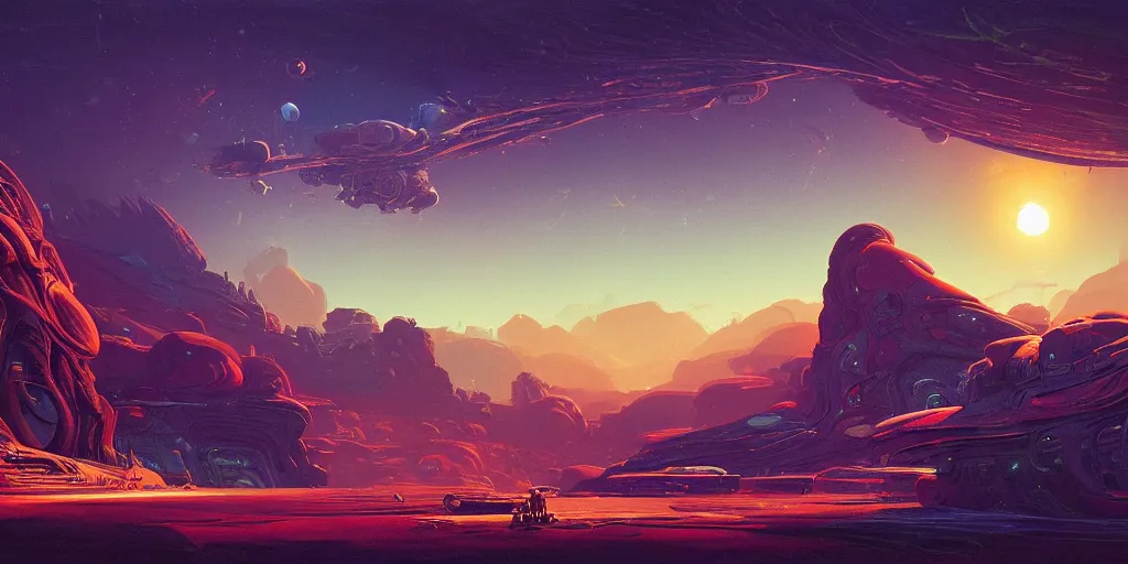 Image similar to look on my works ye mighty and despair, a highly detailed cinematic oil painting by roger dean and alena aenami, crashed spaceship!!, dynamic lighting