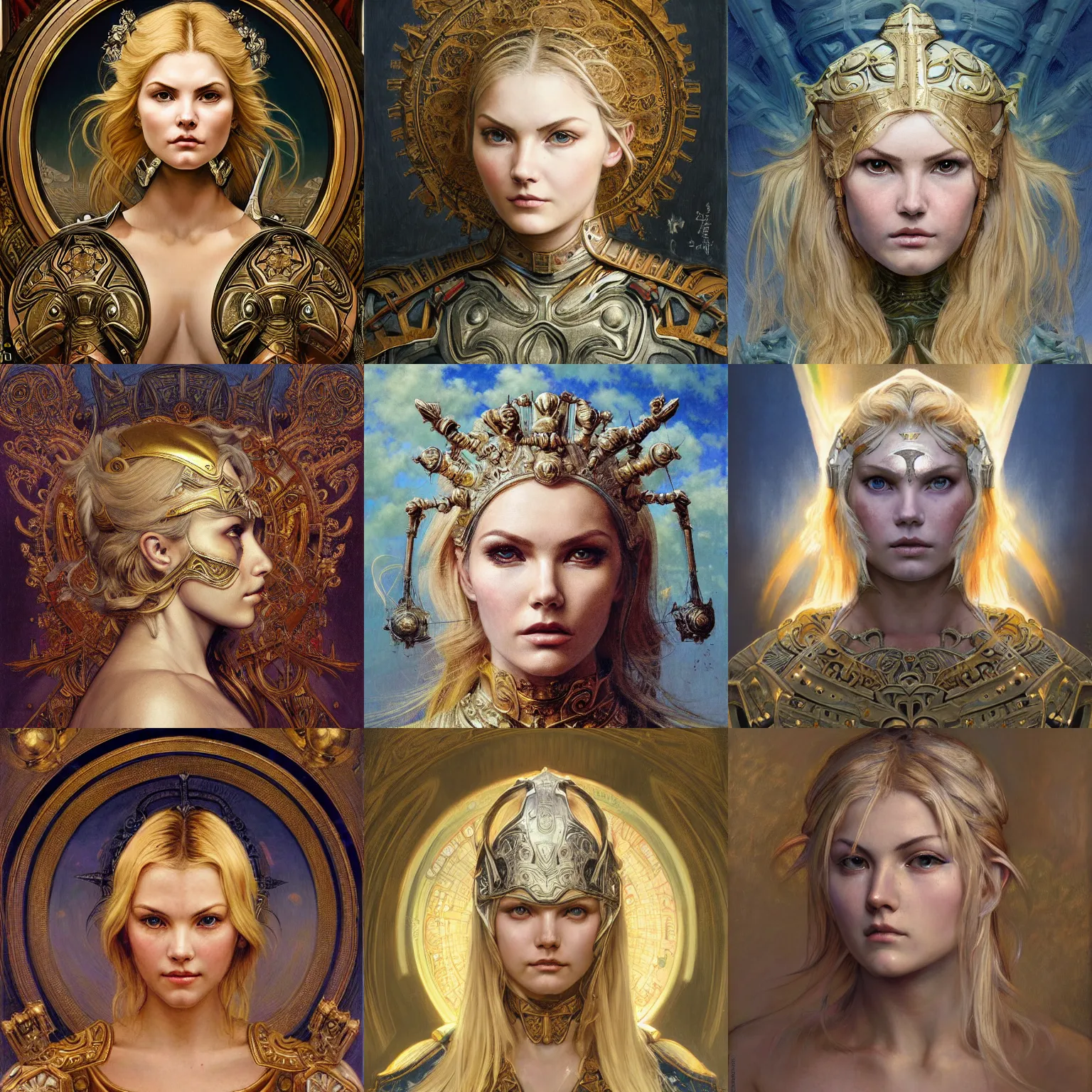 Prompt: masterpiece head-on symmetrical centered painted portrait, Elisha Cuthbert as a warrior paladin, RPG portrait, blonde hair, golden halo, ornate iron armour, elegant, distant, in the style of Edgar Maxence and Ross Tran and Zdzisław Beksiński and Michael Whelan and Mucha and gustav dore and H.R. Giger, 8k, octane render