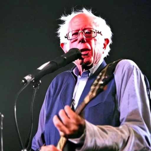 Image similar to bernie sanders as the frontman of an 8 0 s metal band, playing electric guitar