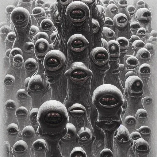 Image similar to a portrait of a pile of living sentient slimy eyeballs, from the terrifying and incomprehensible beyond, body horror, by gerard brom, zdzisław beksinski and ansel adams