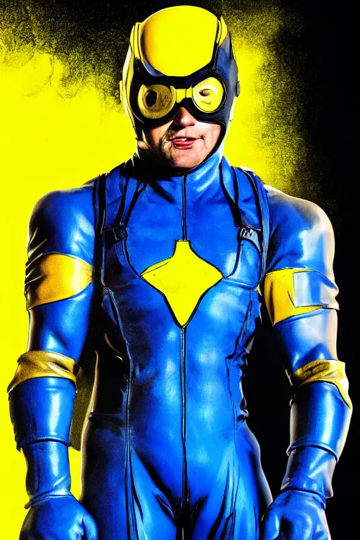 Image similar to marvel superhero, strong man with blue and yellow costume, goggles and leather helmet, yellow boots, yellow gloves, detailed portrait, cell shaded, 4 k, concept art, illustration by john byrne and terry austin. cinematic dramatic atmosphere, sharp focus, volumetric lighting, cinematic lighting, studio quality