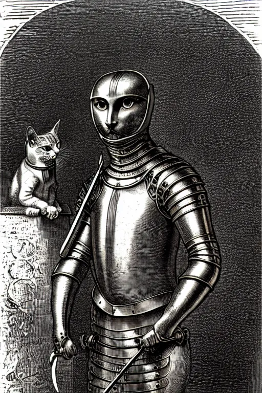 Image similar to engraving portrait of humanoid cat in medieval armoury by gustave dore