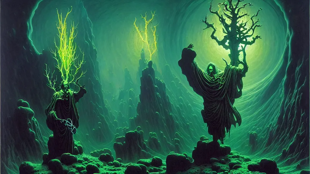 Image similar to the arcane artificer by albert bierstadt and gerald brom and dan mumford and zdzisław beksinski, floating metallic objects, blue flames, low light, glowing green crystals