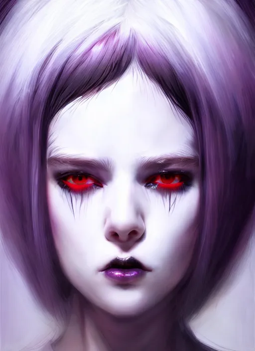 Image similar to whitebangs, black hair, black cyberlox, portrait of white teenage girl, normal face, white bangs, fluffy bangs, cyberlox, whitebangs, red contact lenses, purple background, intricate, elegant, highly detailed, digital painting, artstation, concept art, sharp focus, smooth, illustration, art by wlop, mars ravelo and greg rutkowski