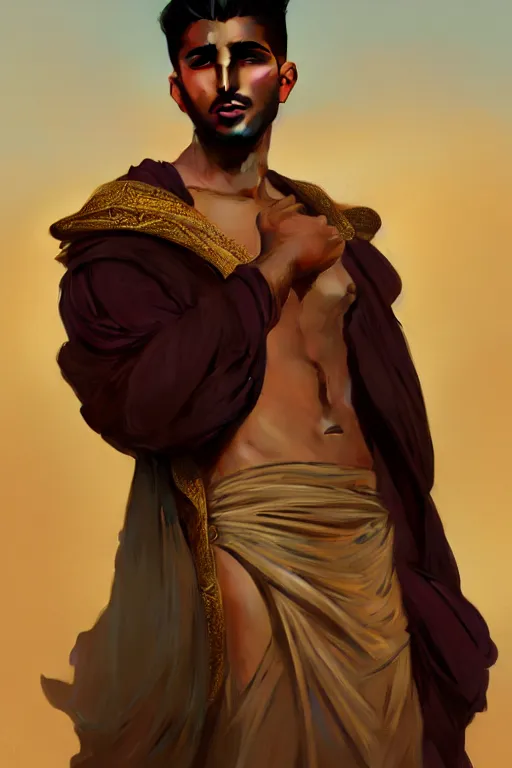 Image similar to full figure beautiful young fit arabic man with dark skin, dressed with multicolored fluent clothes, luminous scene, by greg rutkowski and alphonse mucha, d & d character, gradient white to gold, in front of a dune desert background, highly detailed portrait, digital painting, artstation, concept art, smooth, sharp focus illustration, artstation hq