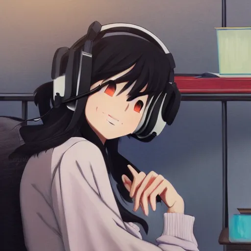 Prompt: Anime painting of a black haired girl wearing headphones while studying in her warm cozy home, by makoto shinkai, relaxed, calm, atmospheric, trending on artstation, kimi no na wa