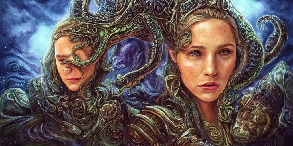 Image similar to Fantasy fairytale style portrait painting, Great Leviathan Turtle, cephalopod, Cthulhu Squid, hybrid, Mythic Island, center Universe, accompany Cory Chase, Blake Lively, Anya_Taylor-Joy, Grace Moretz, Halle Berry, Mystical Valkyrie, Anubis-Reptilian, Atlantean Warrior, hybrid, intense fantasy atmospheric lighting, digital oil painting, hyperrealistic, François Boucher, Michael Cheval, Oil Painting, Cozy, hot springs hidden Cave, candlelight, natural light, lush plants and flowers, Spectacular Mountains, bright clouds, luminous stellar sky, outer worlds, Jessica Rossier, michael whelan, William-Adolphe Bouguereau, Solar Flare HD,