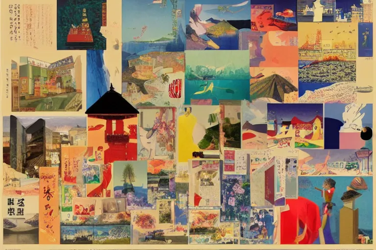 Prompt: award winning graphic design poster, photocollage art depicting a variety of japan travel, beauty, tastes, crafts and more, photocollage painting by National Geographic, Hannah Hoch and David Hockney