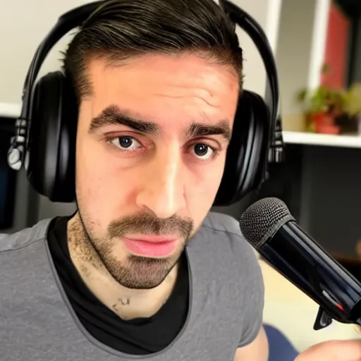 Prompt: handsome Portuguese-British male twitch streamer looking angrily at his expensive studio mic which isn't working, 4k