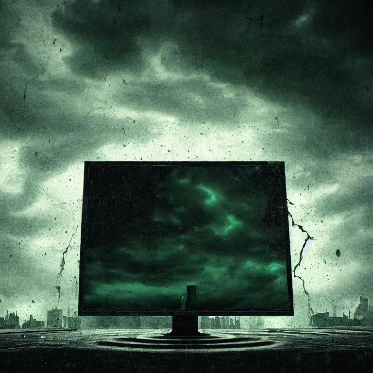 Prompt: surreal abandoned ribbed broken dripping pc monitor, dark clouds, dark green tint, surreal abandoned buildings, dream-like heavy atmosphere, baroque painting, beautiful detailed intricate insanely detailed octane render trending on Artstation, 8K artistic photography, photorealistic, dramatic volumetric cinematic perfect light, chiaroscuro, award-winning photograph, masterpiece, Raphael, Caravaggio, Beksinski, Giger