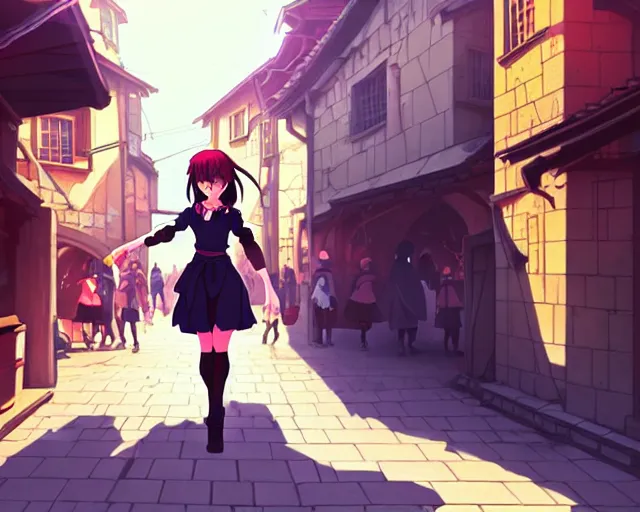 Prompt: anime still frame portrait of a young female walking through a busy medieval village, ilya kuvshinov, dynamic pose, dynamic perspective, detailed silhouette, cel shaded anime