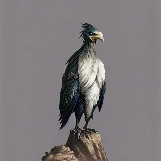 Image similar to quarter length vogue photo portrait of a male aarakocra anthropomorphic eagle, d & d, fantasy, greg rutkowski, frank frazetta, alexandre chaudret, boris vallejo, michael whelan, miro petrov, hr giger, magali villeneuve, donato giancola