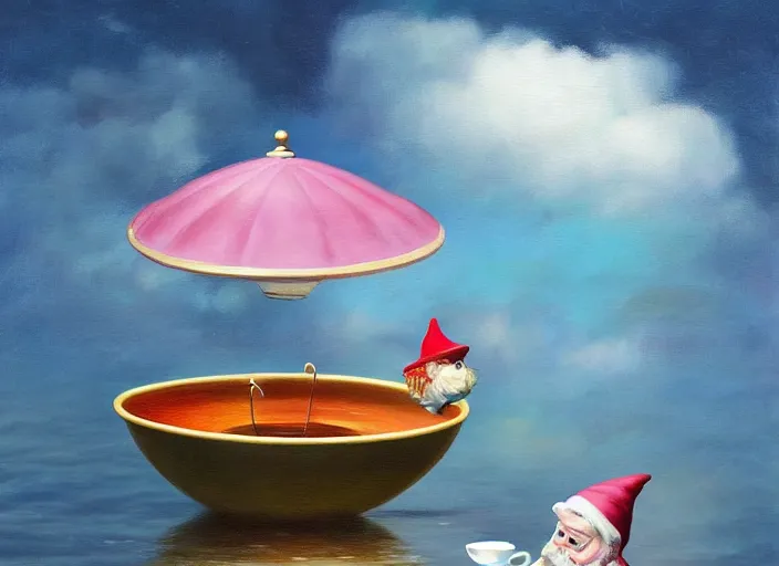 Image similar to a garden gnome sailing in a teacup, whimsical background of a reflective pond on a sunny day with dramatic clouds, an ultrafine detailed painting by mark ryden, trending on deviantart, pop surrealism, whimsical, lowbrow, joyous