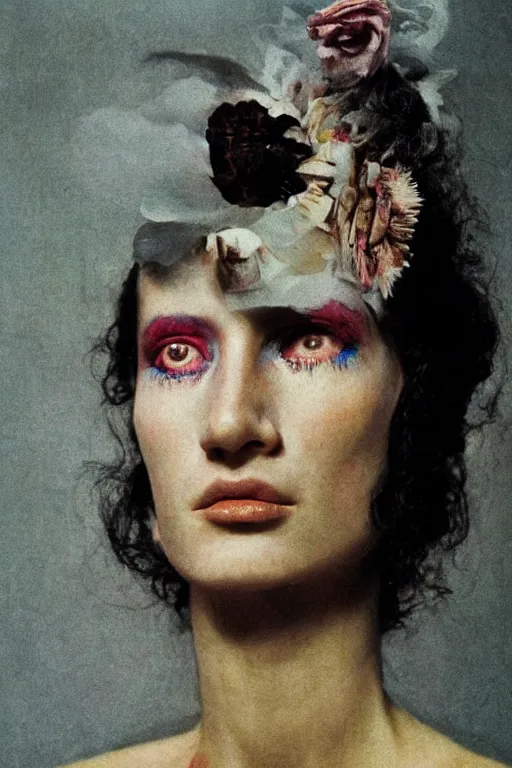 Image similar to hyperrealism close - up fashion portrait by roversi photo from the holy mountain by alejandro jodorowsky in style of francisco goya