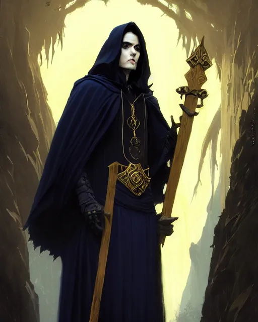 Image similar to handsome mage holding a tall stave, long black hair wearing gothic navy cloak with gold details, cave town, fantasy character portrait, ultra realistic, movie key visual, concept art, intricate details, highly detailed by greg rutkowski, ilya kuvshinov, gaston bussiere, craig mullins, simon bisley