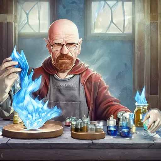 Image similar to Walter White The Alchemist of The Blue Flame Creating the most pure potion, Fantasy Illustration by Tony Sart, Trending on artstation