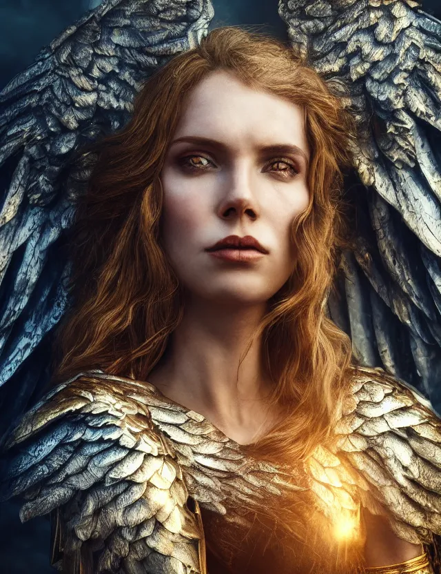 Image similar to Portrait of a fierce beautiful woman in angelic battle armor and wings, among the clouds, golden hour photography, cinematic, epic, 4k, stylized, hyperrealistic