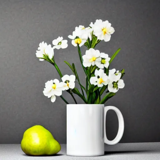 Prompt: ceramic mug surrounded by white flowers, green leaves, and pears, soft zen minimalist, white background, bright, crisp